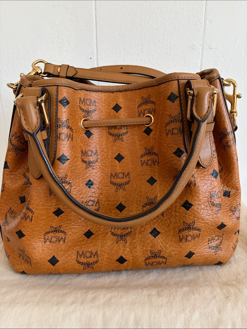 MCM Cognac Visetos Logo Drawstring Crossbody/Shoulder Bag - Picture 5 of 12